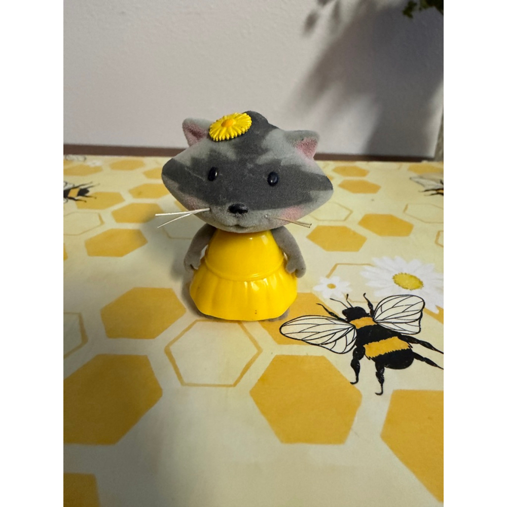Flocked Raccoon Bobble Head Figure Yellow Dress Woodland Animal Toy 2” Mini